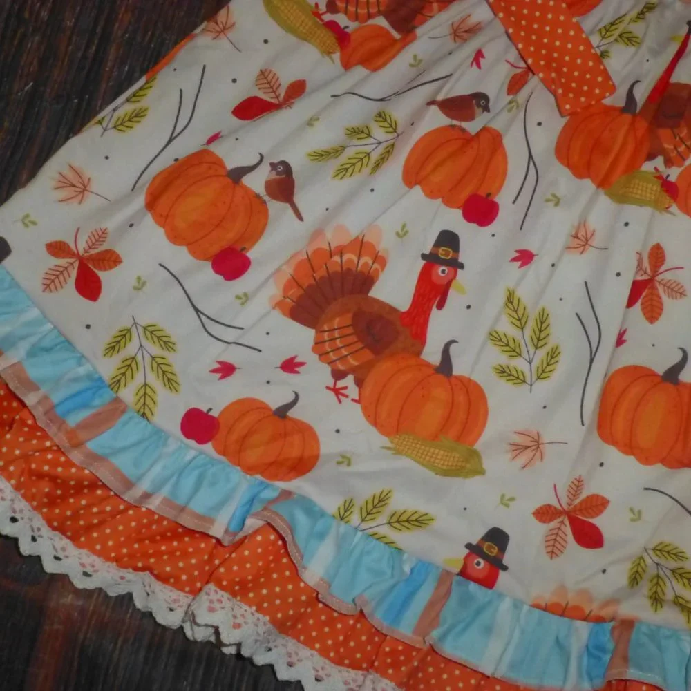 Boutique Thanksgiving Turkey Pumpkin Girls Ruffle Twirl Dress